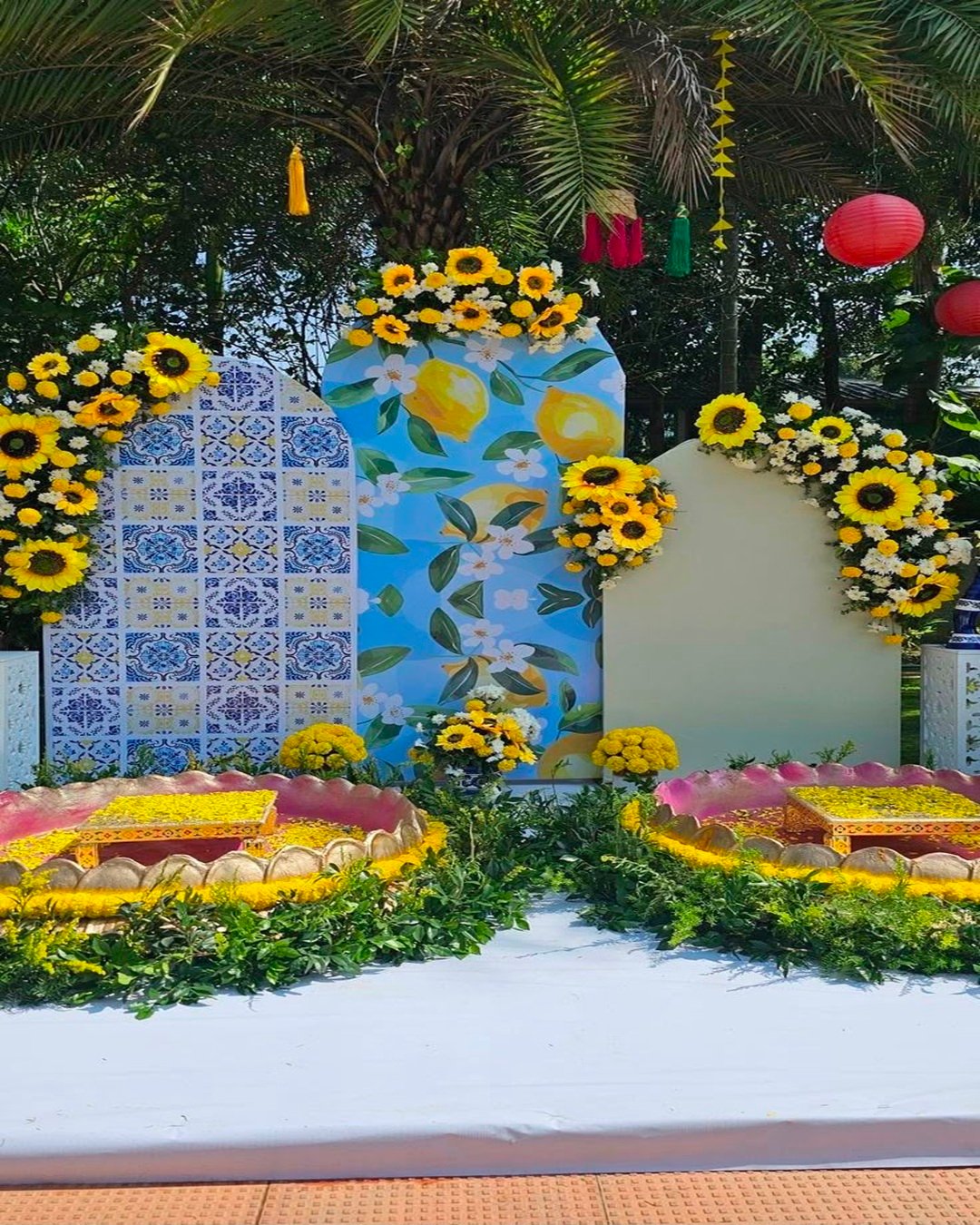 Round flower wall birthday setup